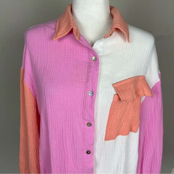 ENTRO COLOR BLOCK BUTTON UP COLLARED COTTON GAUZY TOP SIZE SMALL - Picture 8 of 15